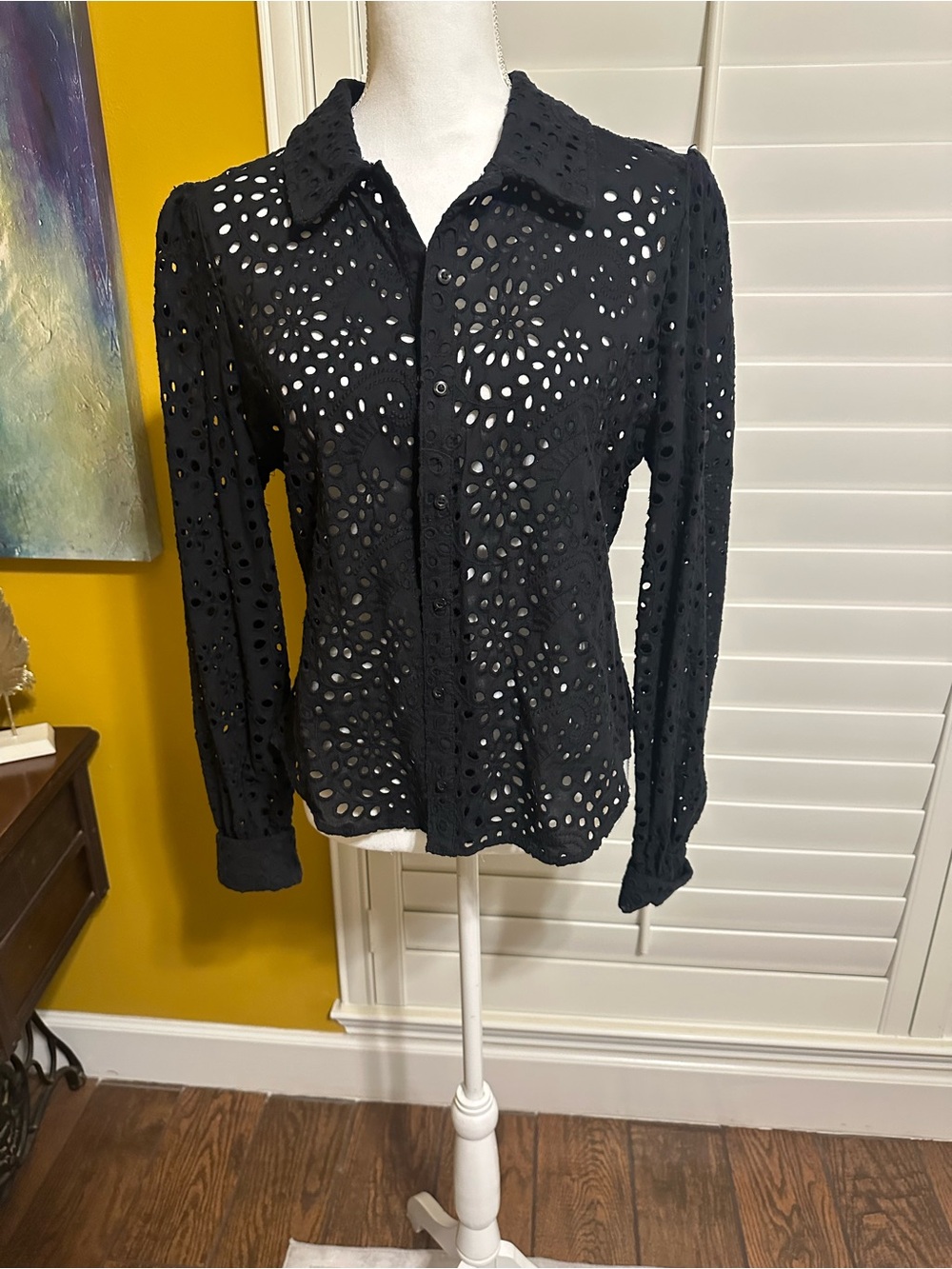 Joie Black Eyelet Button-Front Long Sleeve Shirt
